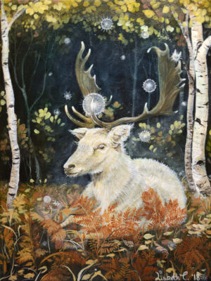 Forest, tranquility, Lisbeth Thygesen, painting, maleri, art, kunst, deer, stag, hjort