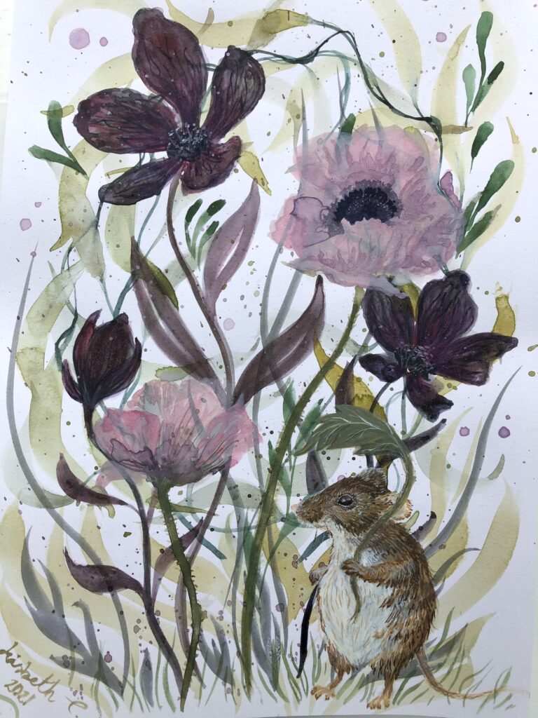 Lisbeth Thygesen, akvarel, papirværk, mus, blomst