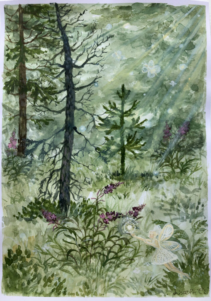 fairy, fe, Lisbeth Thygesen, skov, forest, akvarel