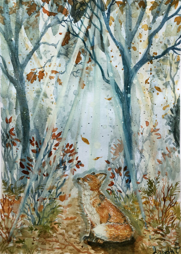 akvarel, ræv, efterår, Lisbeth Thygesen, Kunst