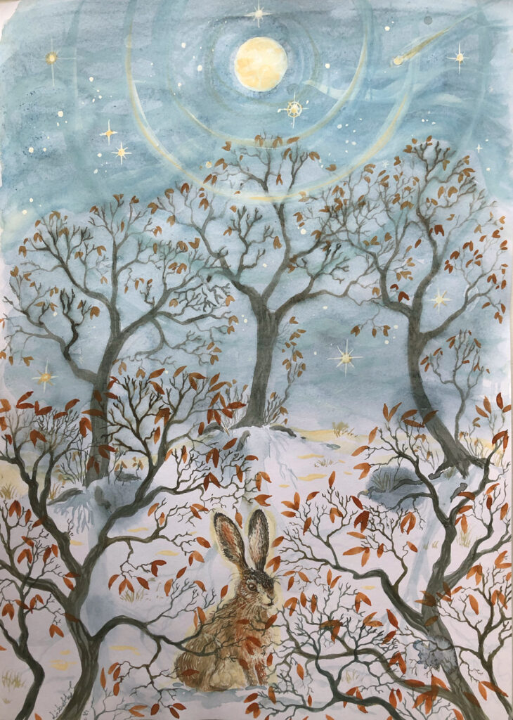 Hare, vinter, træer, måne, akvarel, Lisbeth Thygesen, kunst
